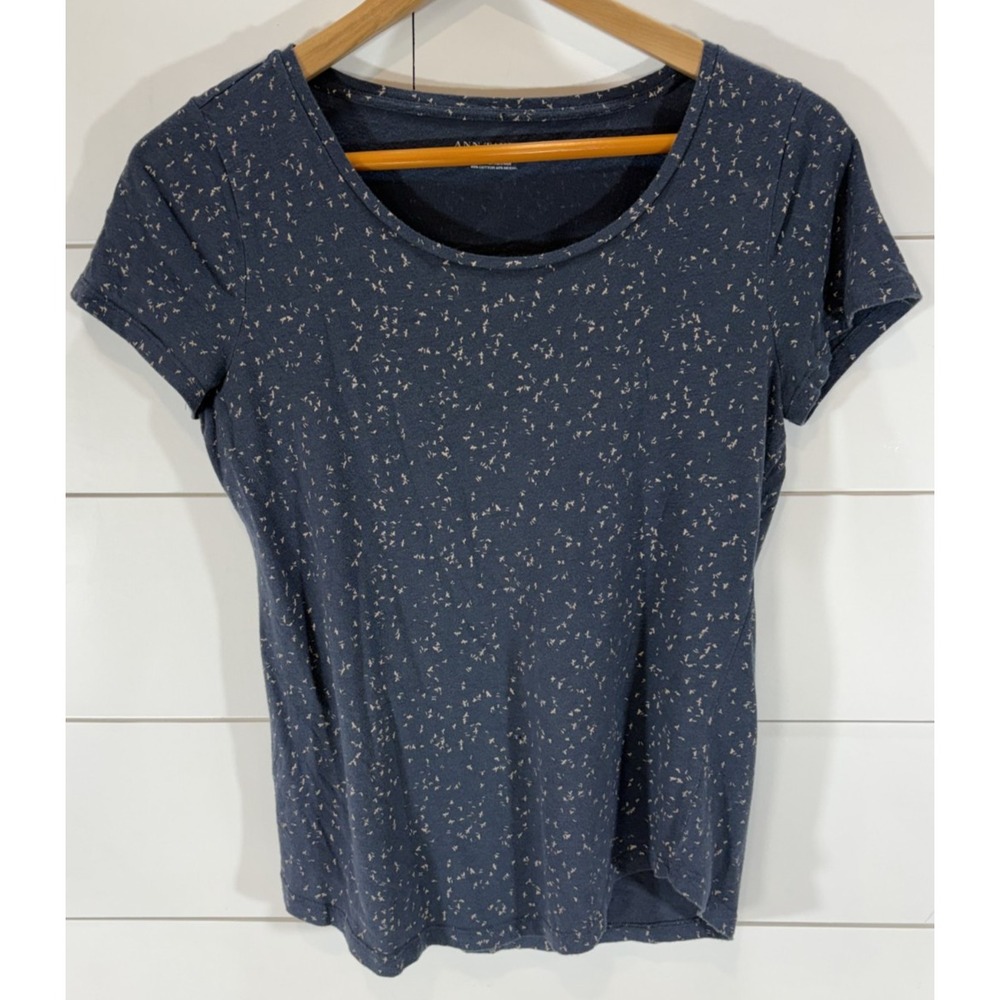 Ann Taylor Womens Dark Blue Gold Birds Speckled Short Sleeve Blouse Shirt Size M